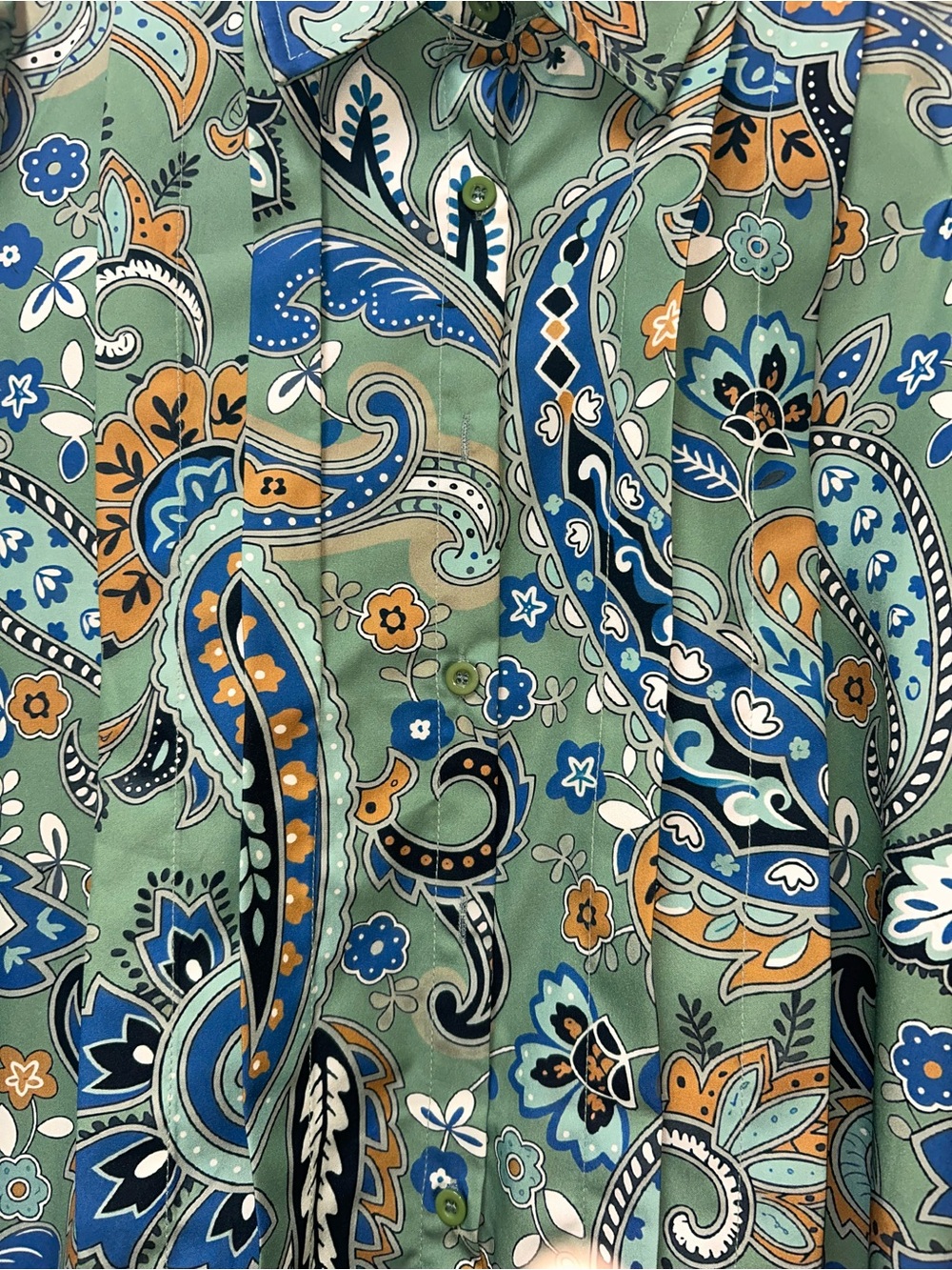 Green Paisley Long-Sleeve Women's Silky Blouse - Picture 5 of 7